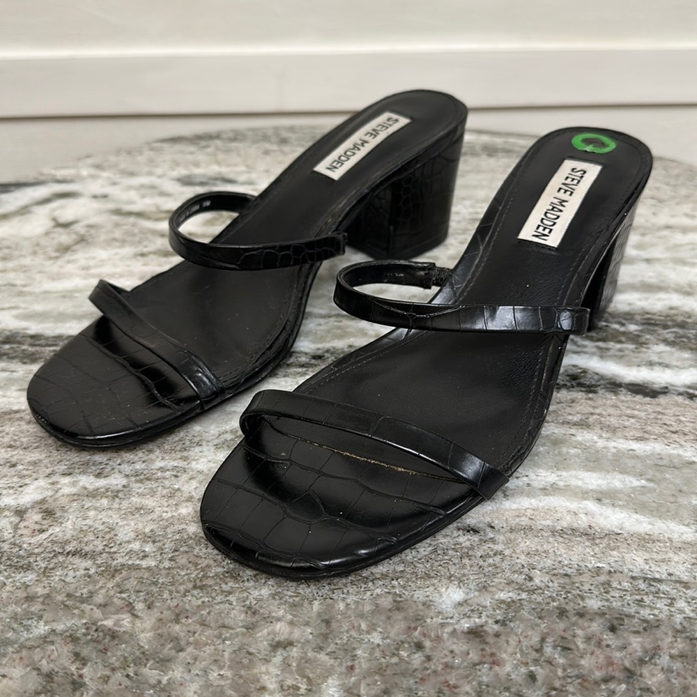 ISSY Black Croc Patent Leather Low Heel Sandals, Y2K